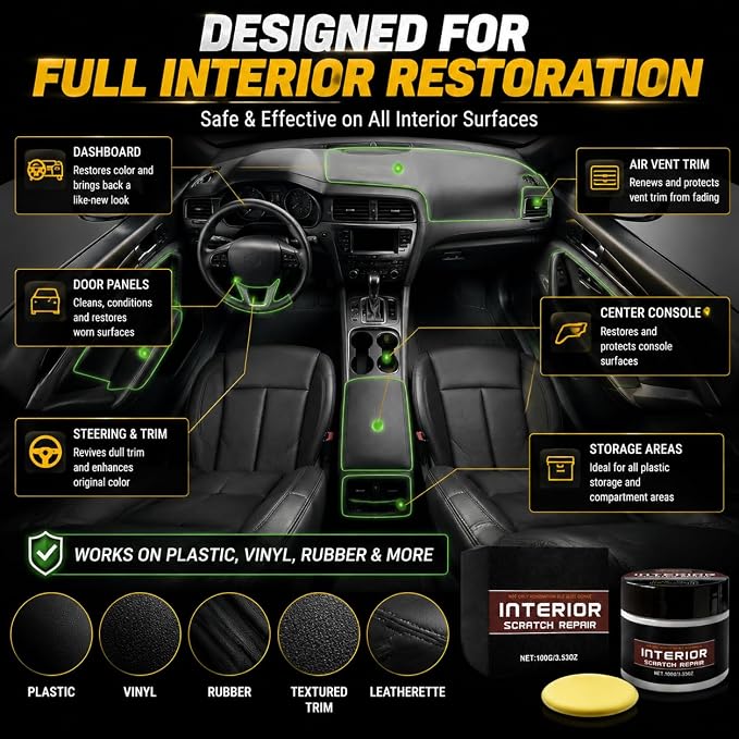 Car Interior Scratch Remover Wax – Dashboard & Leather Repair, 100g | Restores faded plastic and vinyl trim. Fills scuffs and wear marks. Complete DIY kit with sponge for auto renewal