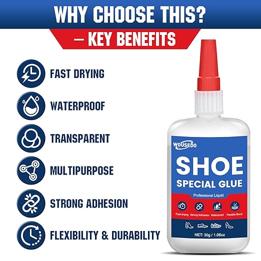 WOUSEDO Shoe Glue 30g, Flexible & Waterproof Instant Adhesive | Quick Dry in Seconds, Heavy Duty Clear Glue for Sole Repair on Sneakers, Boots, Heels, Hiking Shoes, Leather & Rubber