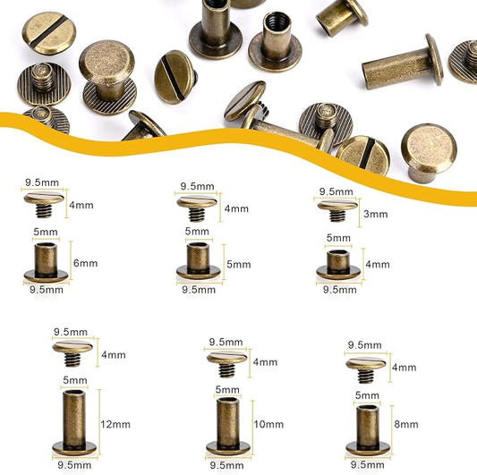 120sets Chicago Screws Kit, 6 Sizes Screw Rivets Bronze Chicago Binding Screws for DIY Repair Leather Craft Belt Bag Shoes Purse Bookbinding (M5*4,5,6,8,10,12) (Bronze)