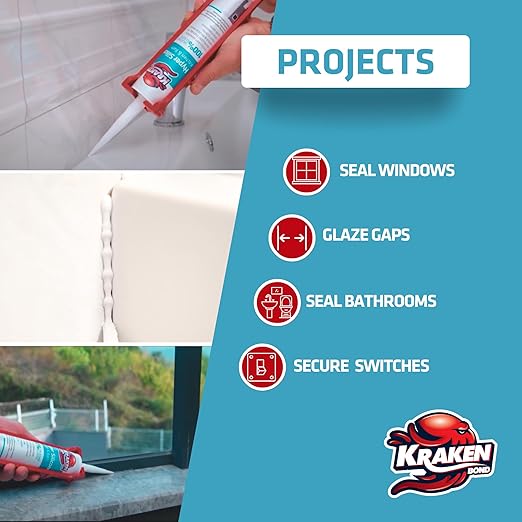 Kraken Bond Hyper Clear Caulking Sealant - (1x10.1 Fl. Oz) Fast Curing 100% Silicone Neutral for Kitchen & Bathroom, Bathtub, Shower and Sink, Low Odor, Waterproof, Anti Shrink Caulking, 1 Pack