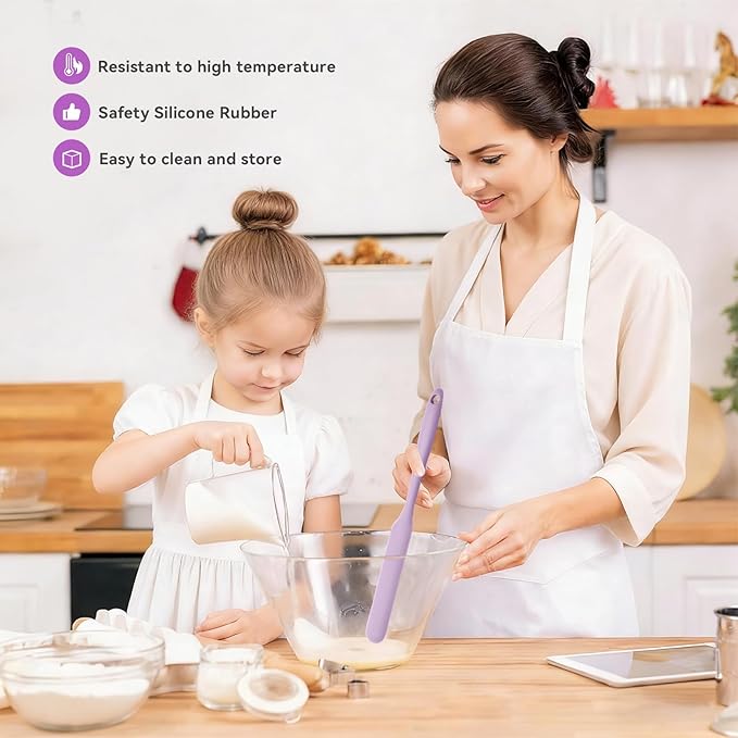 Silicone Jar Spatula Set of 3, Long Handle Skinny Spatula and Spurtle for Sourdough Starter, Flexible Jar Scraper for Peanut Butter, Jam, Icing, Cream with No Batter Left Behind (3, Purple)