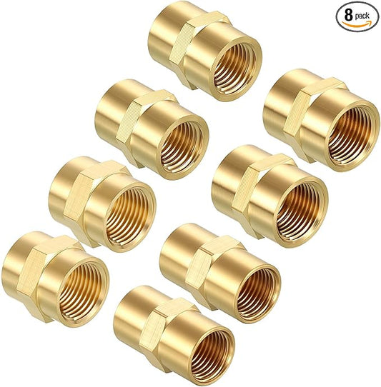 8 Pack Pipe Fitting Set, 1/8" x 1/8",1/4" x 1/4", 3/8" x 3/8", 1/2" x 1/2" FNPT to FNPT Solid Brass Pipe Fitting Coupler, Brass Coupling Hose Fittings Adapter (Each of 2)