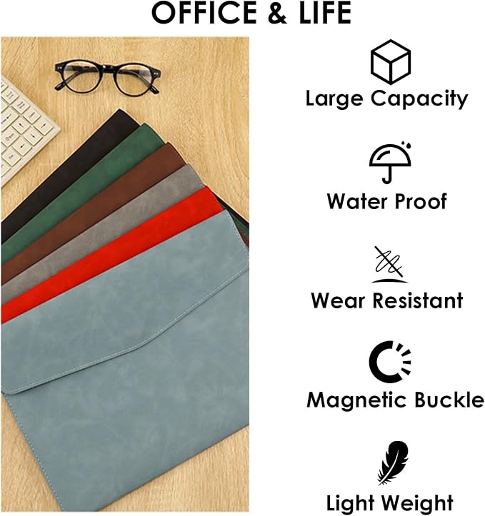 PU Leather Document File Folder,Thin A4 Folder Envelope File Organizer Storage Bag, Receipt Contract Case with Magnetic Closure (Black)