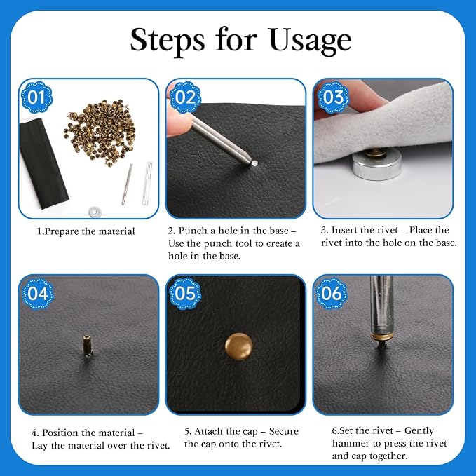 100 Sets Leather Rivets 8x10mm Double Cap Rivets Snaps Metal Studs Fasteners with 3pcs Setting Tools for Leather Craft DIY Repair Decoration, Bronze