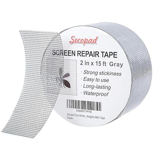Secopad Grey Window Screen Repair Tape, 2IN X 15FT (180IN) Screen Repair Kit for Windows or Doors, Strong Adhesive Patch Kit Fiberglass Mesh Tape