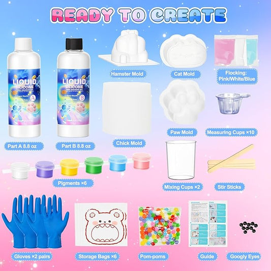 Taba Squishy Maker Kit – DIY Squishy Craft Kit, Silicone Mold Making Set with 18oz AB Silicone Gel, Giant Chick/Paw/Hamster/Cat Molds, Flocking Powder – Stress Relief Craft Gift for Adult