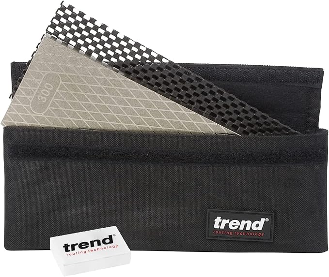 Trend Diamond Sharpening Stone Kit, 8 x 3 Inch Double Sided (300/1000 Grit) Bench Stone with Pouch, Cleaning Block & Non-Slip Mat, DWS/CP8/FC