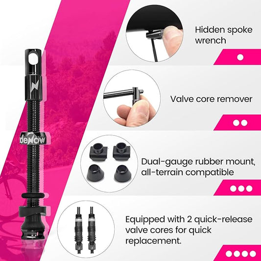 RideNow Tubeless Presta Valve Stems, 65mm Super Light Alloy Presta Tubeless Valve Stem Kit with Valve Core Remover Tool and Valve Stem Caps, Multiple Color and Size Options(Pair),Black