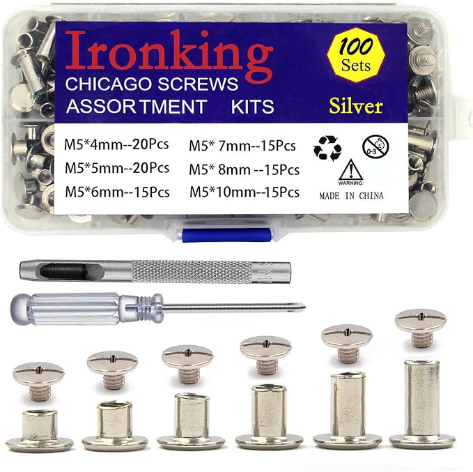 Ironking 100Sets M5 Chicago Screws Leather Rivets Assorted Metal Fasteners Buttons Screw Rivets， for Leather Craft Decorate and Repair Belts Bags Shoes Purse (SilverM5*4,5,6,7,8,10)