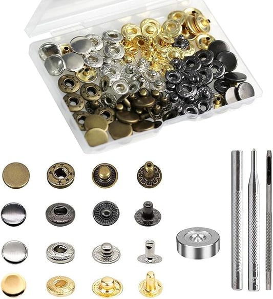 BetterJonny 24 Sets Heavy Duty Leather Snap Fasteners Kit, 10mm Metal Snap Buttons Press Studs Leather Rivets Snaps with 4 Setter Tools for Clothes Bracelet Jackets Jeans, 4 Color