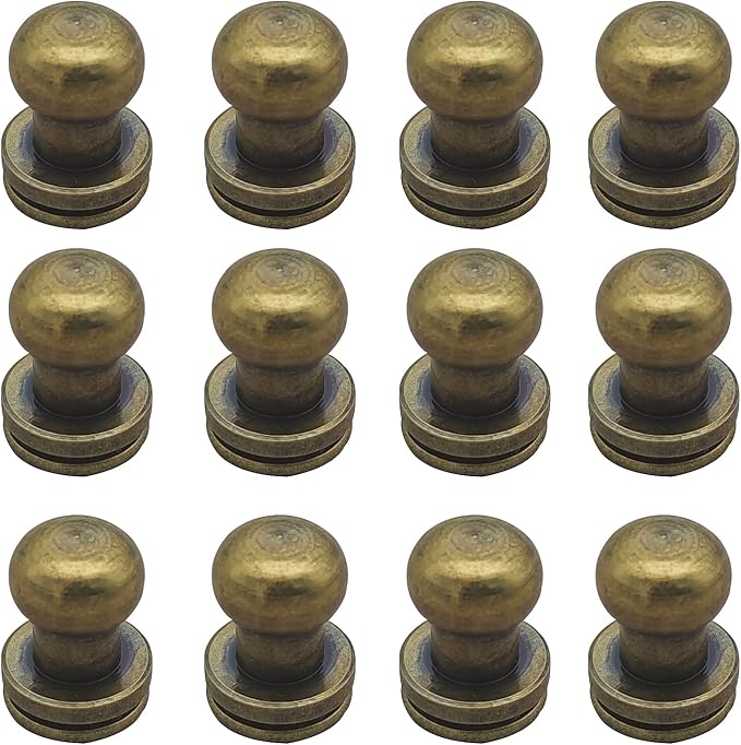 Denailey 12 Sets Solid Brass Round Head Button Stud Screw Leather Rivet Chicago Screws Button Rivets for Leather Craft Belt Wallet Handbag Repairs Decoration (Round Head Size 6mm, Antique Brass)