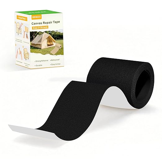 Besezx Canvas Repair Tape,Outdoor Gear Patch, 3x79 Inches,Waterproof Self-Adhesive Fabric Repair Tape for Repairing Boat Covers,Sun Shades,Sofas,Tents,Lounge Chairs,Awnings (Black)