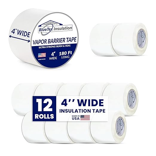 BlueTex Insulationㅤ 4'' Wide x 180' Long White Vapor Barrier Tape - 12 Rolls, Waterproofing for Stucco, Crawlspaces, Repair, Underlayment Seams, Metal Building Seams, Excellent Air Barrier