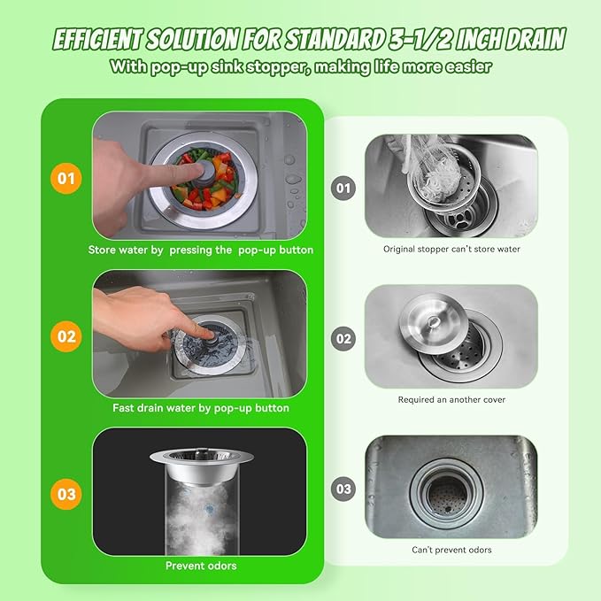 Kitchen Sink Drain Strainer with Pop-up Sink Stopper, 3 in 1 Sink Drain Strainer Basket with Cleaning Brush for US Standard 3-1/2 Inch Drain