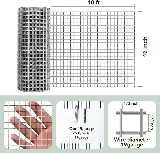AMAGABELI GARDEN & HOME Hardware Cloth Chicken Wire Fence 1/2 inch 15.7in x 10ft Galvanized Welded Cage Wire for Bird Wire Gopher Wire Rabbit Wire Snake Fence Poultry Netting Cage Screen
