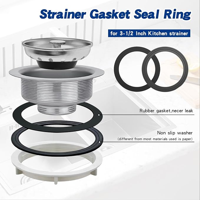 RQYEKDO 2PC Kitchen Sink Strainer Gasket Seal Rings， Fits Standard 3-1/2 inch Sink Drains,Garbage Disposal Rubber Seal Kit for InSinkErator 80032 Compatible Models, No Plumber's Putty Required (1Pack)