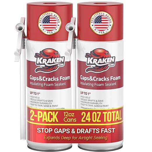 Kraken Bond Gaps & Cracks Expanding Foam Sealant - (2x12oz) High Expansion Polyurethane Spray Foam for Window & Door, Straw Use Waterproof High Yield Gap Filler - 2 Pack