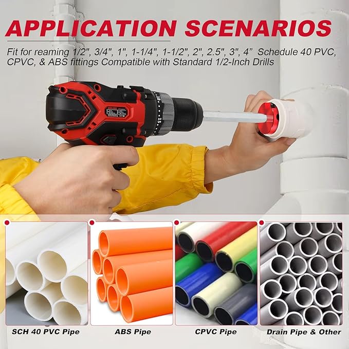 4-Piece PVC Pipe Reamer Kit for 1/2" Drills - 1-1/4",2",3",4” Inner Cutter Tool Reamer for PVC, CPVC, ABS, Conduit & Industrial Pipe, SCH40 Repairs, Pipes Fitting Saver