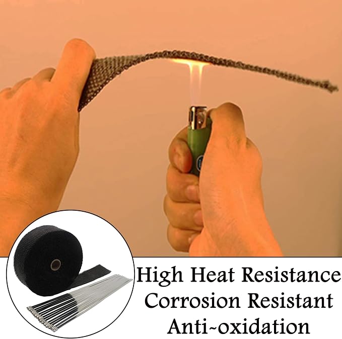 Deecam Exhaust Heat Wrap, 2'' x 33' Black Exhaust Header Wrap Tape Kits, Heat Wrap for Exhaust Pipes with 10 Stainless Steel Ties for Motorcycle Car Exhaust Engine
