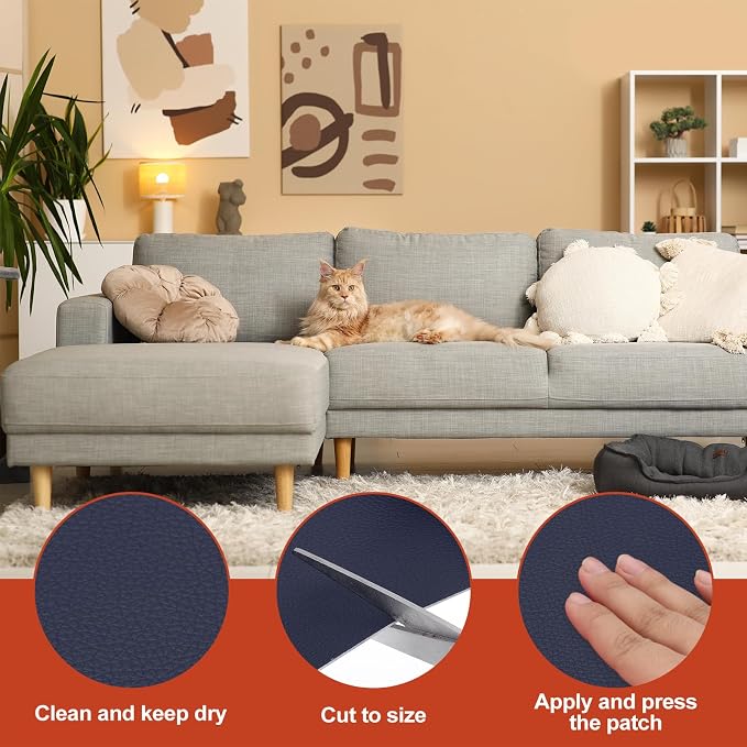 PATIKIL Leather Patches Tape for Furniture, 3.2 x 61 Inch Self Adhesive Vinyl Leather Repair Kit Cover Sheet for Couch, Sofa, Car Seats, Office Chair, Navy Blue