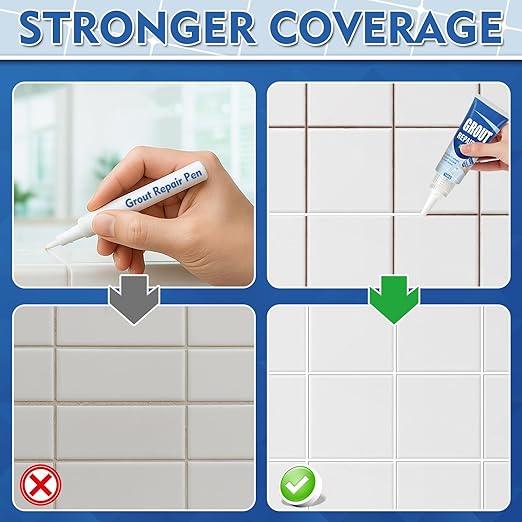 Tile Grout Repair Kit, White Fast Drying Grout Filler for Bathroom, Kitchen, Shower, Versatile Triple Use with Grout Sealer, Replace Grout Pen for Restore and Renew Tile Joints Line