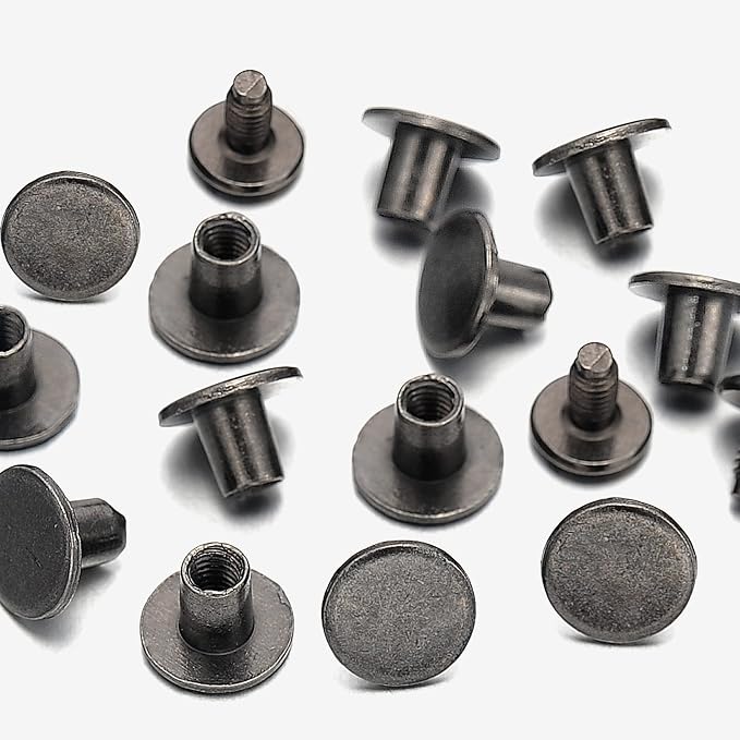 YORANYO 100 Sets Gunmetal Round Flat Head Chicago Screws - Kit for Leather Crafting, Clothing, Shoes, Belts & Bags - 25/64 Inch