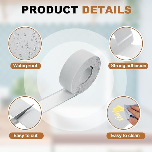 uxcell Caulk Tape Waterproof, 0.83 Inch x 10.5 ft Self-Adhesive Sealant Sealing Strip Caulking Sealant Tape PVC with Tool for Kitchen Sink Toilet Bathroom Bathtub Floor, Gray