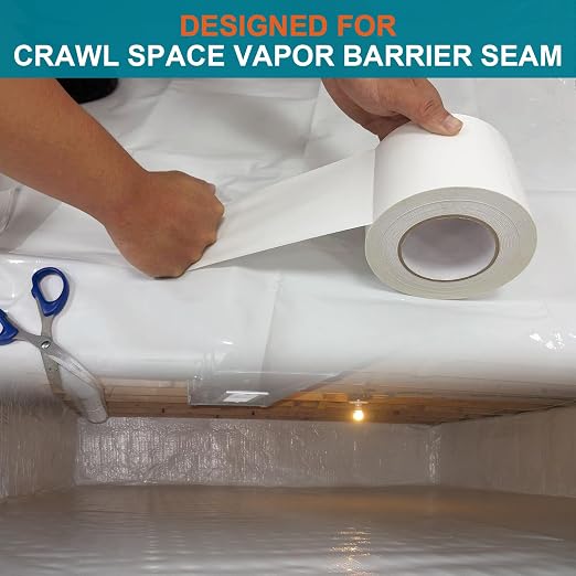 Golden Fox Vapor Barrier Tape, 4'' x 180' Roll, 9 Mil White Polyethylene Moisture and Vapor Barrier Seam Tape for Crawl Spaces, Marine Use, Insulation Tape, Underlayment & More, Waterproofing,1 Pack