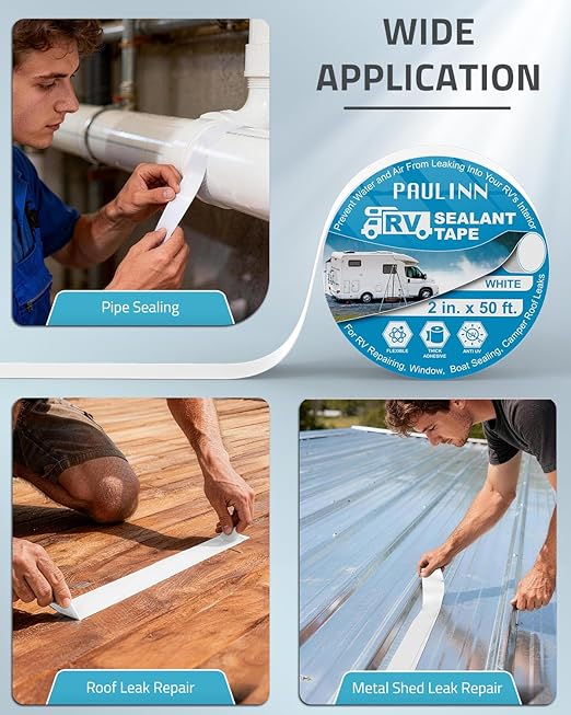 PAULINN RV Camper Roofing Repair Sealant Tape, 2 Inch X 50 Foot Natural White Trailer Roof Rubber Sealing Tape, UV & Weatherproof Roof Seal Tape for RV Camper Trailer Boat Sealing Leak Repair