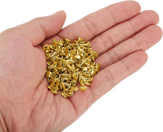 HARFINGTON 100 Sets Double Cap Leather Rivets, 6x8mm Round Cap Tubular Metal Studs Leather Crafting Rivets for Fabric Belt Pet Collar Boot Bag Repair and Decoration, Gold