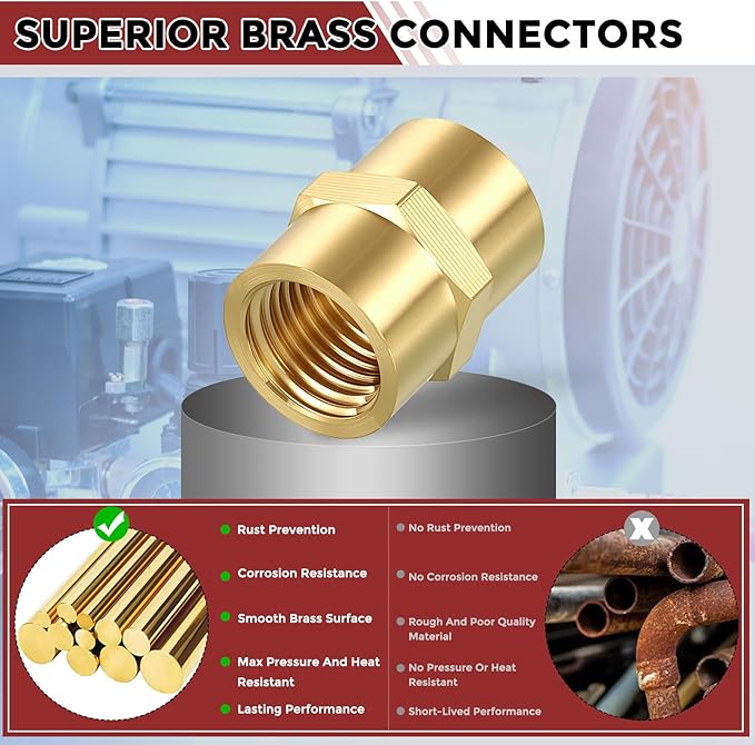 Pack of 10, 1/4" FeMale NPT to 1/4" FeMale NPT Solid Brass Pipe Fitting Coupler, Brass Coupling Hose Fittings Adapter for Pipe Leak Repair, Bathroom Remodeling, Tool Extensions