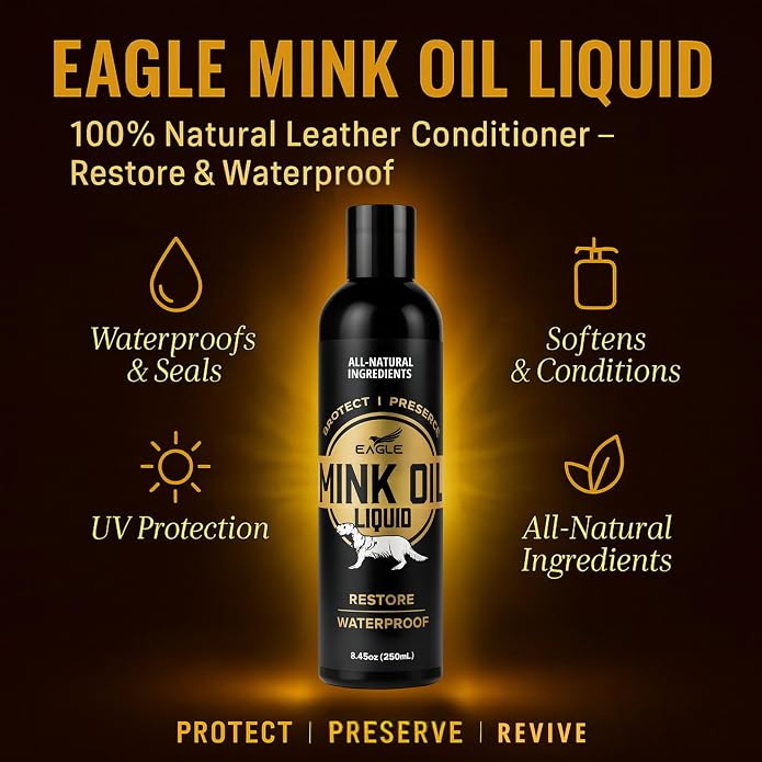 Eagle Mink Oil Liquid Leather Conditioner 8oz with Cloth – Softens, Waterproofs & Preserves Boots, Shoes, Bags, Jackets & Furniture – Natural Leather & Vinyl Conditioner for Long-Lasting Protection