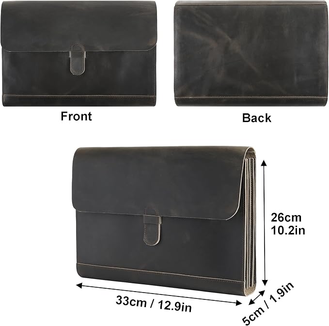 Genuine Leather File Folder, Accordian File Organizer, Leather Document Holder Resume Folio for Men & Women-Grey-Custom