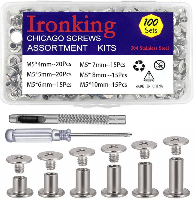 Ironking 100Sets M5 Stainless Steel Chicago Screws Assorted Metal Fasteners Buttons Leather Rivets， for Leather Craft Decorate and Repair Belts Bags Shoes Purse (M5*4,5,6,7,8,10mm)