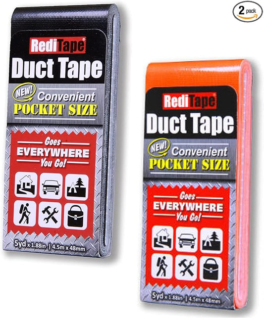 Travel Size Duct Tape Colors 2-Pack (Black & Fluorescent Orange) - Pocket Size Flat Mini Roll - for Repairs Outdoors Emergency Crafts - 1.88 inch x 5 Yards per Pack
