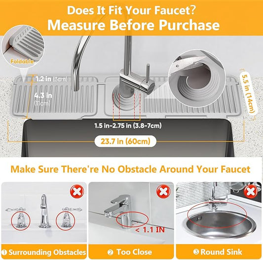 24'' Folding Faucet Mat for Kitchen Sink Splash Guard[7° Slope Fast Self-draining][Snap Lock Fit] Kitchen Sink Faucet Mat Splash Guard Kitchen Sink Area Water Splash Guard Behind Faucet Draining Mat