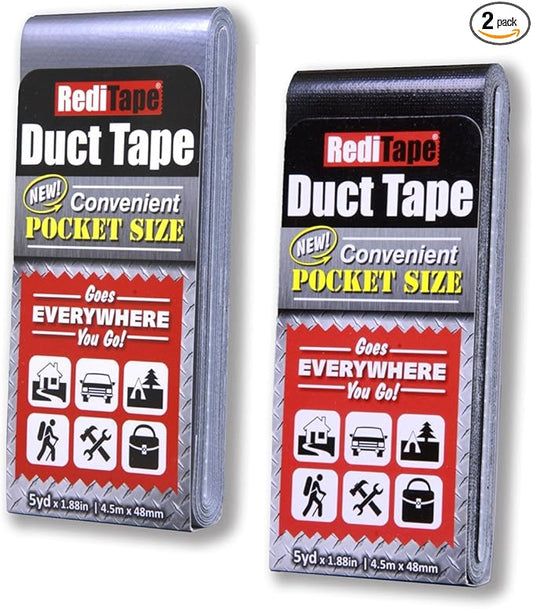 Travel Size Pocket Duct Tape Colors 2-Pack – Flat Compact Small Mini Roll - for Repairs Camping Emergency EDC DIY Crafts - 1.88 inch x 5 Yards per Flat Pack (Silver & Black)