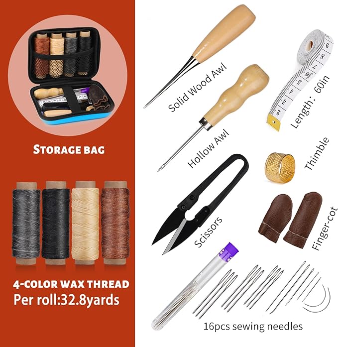 MORFEN Leather Sewing Kit, Leather Stitching Kit with Sewing Awl, Needles, Waxed Thread, Upholstery Repair Kit, Heavy Duty Sewing Tools for Hand Stitching Car Seats, Sofa, Carpets, Shoes, DIY Craft