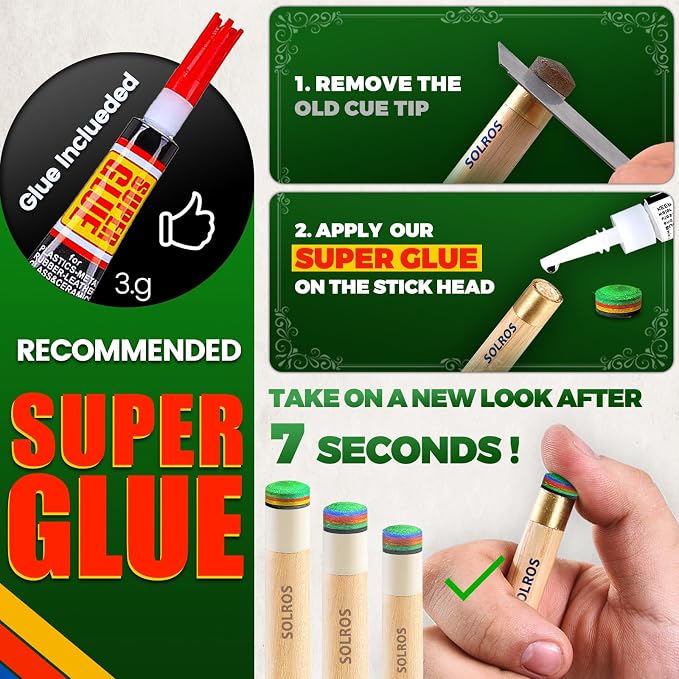 Billiard Pool Cue Tips - Pool Cue Stick Tips Replacement Repair Kit Billiard Cue Tips with Storage Box for Pool Table Cues Stick Tips Head and Leather Snooker Stick - SOLROS