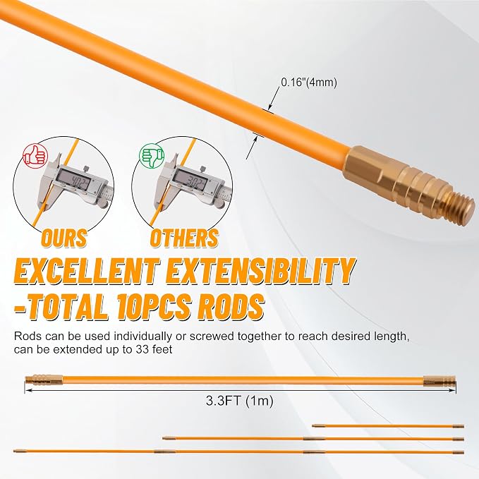 KOOTANS 33FT Fiberglass Running Electrical Wire Cable Glow Rods Wire Pulling Tools Fish Tape Wire Puller Through Wall Cable Snake Fish Rods Kit with Different Attachments
