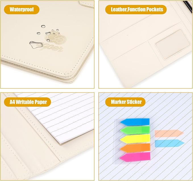 Leather Document Clip Board DIN A4, All-in-One Business Conference Folder Organizer with Magnetic Cover, Sticky Tabs, Pen, Work Folio for Women & Man, Beige