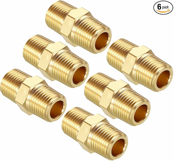 Pack of 6, 1/8" MNPT To 1/8" MNPT Solid Brass Hex Nipple Hose Connectors, Male Pipe Adapter for Pipe Leak Repair, Bathroom Remodeling, Tool Extension, Compression
