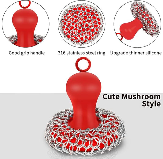 Cast Iron Cleaner Scrubber with Handle - Patented Chain Mail Cast Iron Scrubber Brush-Chainmail Sponge Scrub Cleaning Tool to Clean Skillets, Pan,Griddle, Wok, Dutch Oven