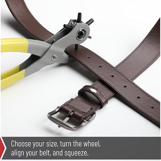 UNCO- Leather Hole Punch Tool, Multi Hole Sizes for Belts and Leather, Belt Hole Puncher, Yellow Handle