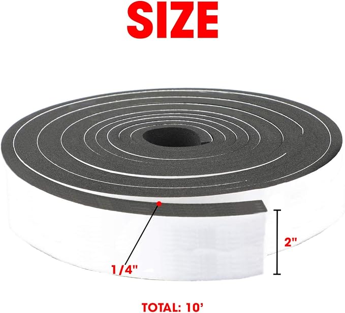 Neoprene Foam Strip Roll By Dualplex, 2" Wide x 10' Long x 1/4" Thick, Weather Seal High Density Stripping with Adhesive Backing – Weather Strip Roll Insulation Foam Strips