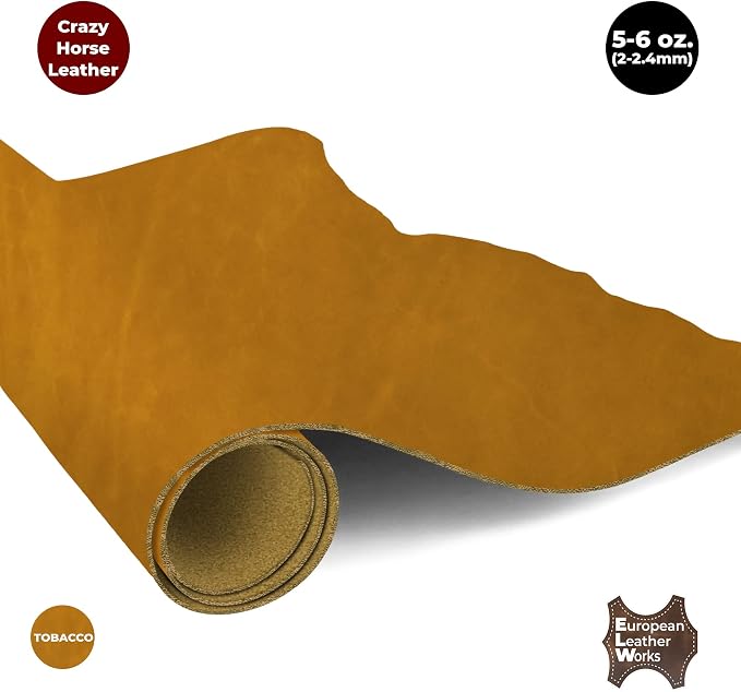 ELW Crazy Horse Leather 5-6 OZ (2-2.4mm) | Tobacco Brown | Pre-Cut 12"x24" | Full Grain Cowhide Handmade Leather for DIY, Crafts, Sheaths, Sewing, Workshop