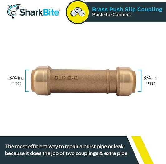 SharkBite 3/4 Inch Slip Coupling, Push to Connect Brass Plumbing Fitting, PEX Pipe, Copper, CPVC, PE-RT, HDPE, U3016LFA