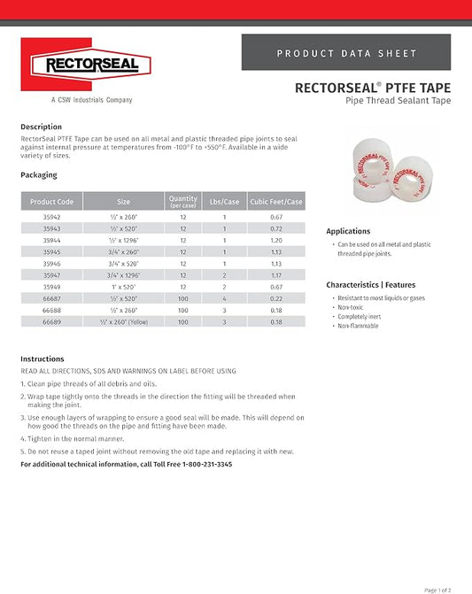 Rectorseal PTFE Tape 35942 Pipe Thread Sealant, Pure PTFE, Plumbing, 1/2x260