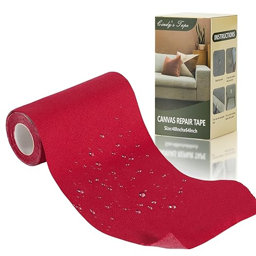 Linen Canvas Repair Tape, 4×63 Inches Red Waterproof Self-Adhesive Patch for Outdoor Gear, Durable Fabric Tape for Boat Covers, Tents, Couch,Sofas, Sun Shades, Awnings, and Lounge Chairs