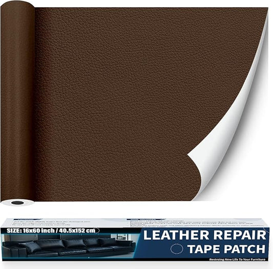 Zenyao Leather Repair Patch Tape - Self Adhesive Leather Repair Kit for Car Seat Furniture, Heavy Duty Vinyl Repair Patch for Couch Sofa, Waterproof for Rips Scratches Tears, 16x60 Inch Roll, Brown